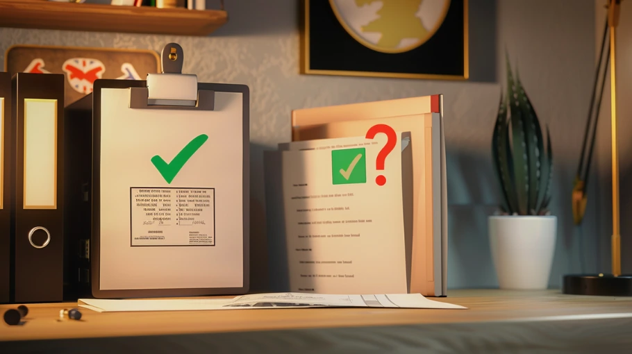 Is IPTV legal in UK? Licensed IPTV document checklist with approval and question icons on a desk.