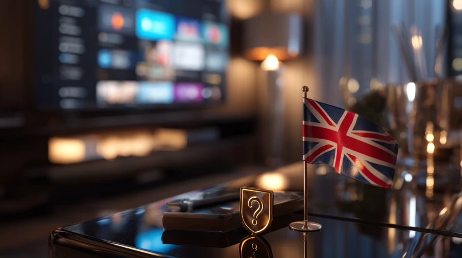 United Kingdom IPTV trust and safety visual showing a UK flag and a security shield emblem.