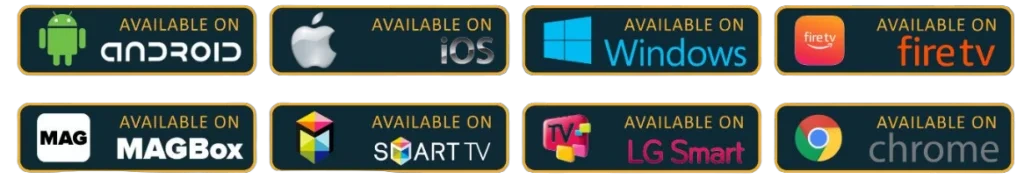 Supported devices for IPTV subscription: smart TV, laptop, phone and tablet icons