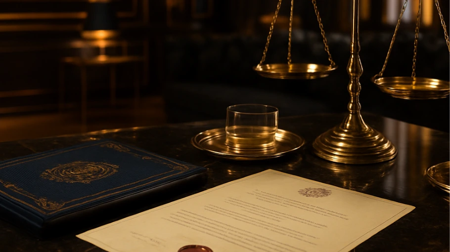 Legal IPTV Providers UK concept with scales of justice and official documents on a premium desk.